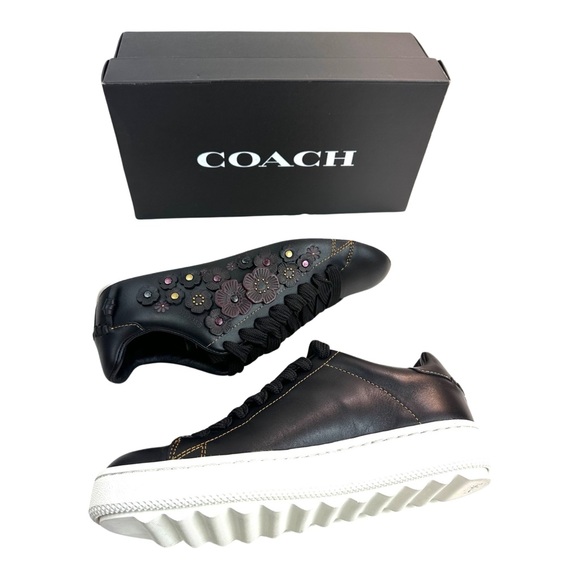 Coach Tea Rose Low Top, Leather Sneakers Black/Floral Details Women’s Size: 7.5 - Picture 3 of 16